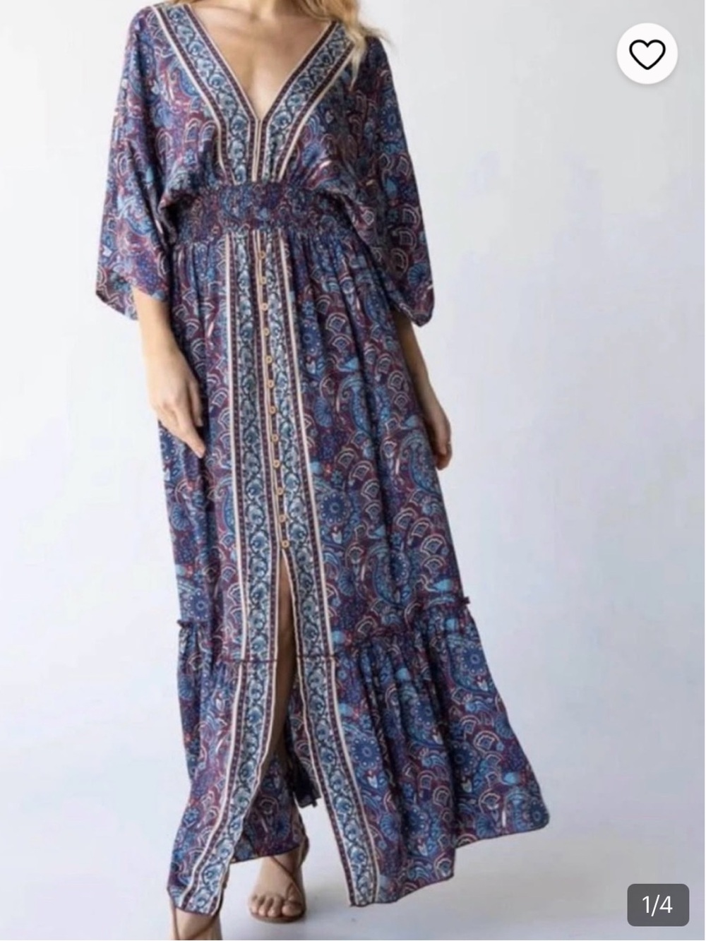 NATURAL LIFE Celia Navy Paisley V‑Neck Smocked Maxi Dress Kimono Sleeves XL